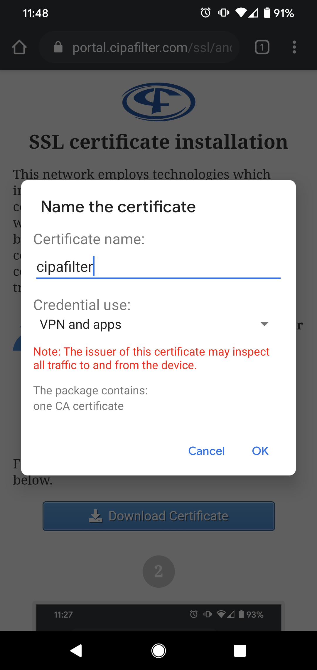 Android certificate prompt