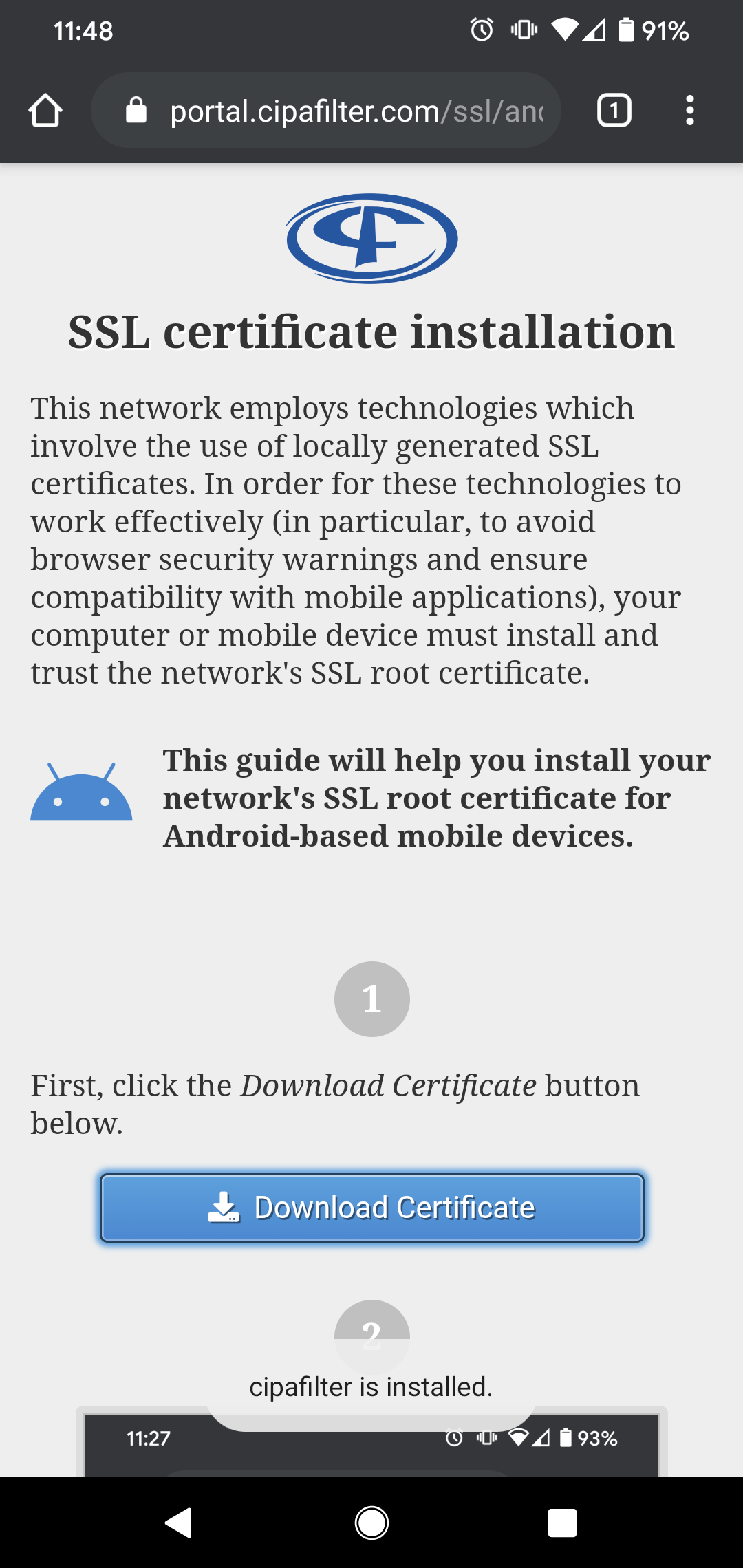 Android certificate installation notice